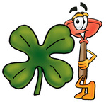 Clip Art Graphic of a Plumbing Toilet or Sink Plunger Cartoon Character With a Green Four Leaf Clover on St Paddy’s or St Patricks Day