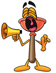 Clip Art Graphic of a Plumbing Toilet or Sink Plunger Cartoon Character Screaming Into a Megaphone