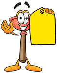 Clip Art Graphic of a Plumbing Toilet or Sink Plunger Cartoon Character Holding a Yellow Sales Price Tag