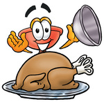 Clip Art Graphic of a Plumbing Toilet or Sink Plunger Cartoon Character Serving a Thanksgiving Turkey on a Platter