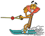 Clip Art Graphic of a Plumbing Toilet or Sink Plunger Cartoon Character Waving While Water Skiing