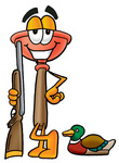 Clip Art Graphic of a Plumbing Toilet or Sink Plunger Cartoon Character Duck Hunting, Standing With a Rifle and Duck