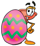 Clip Art Graphic of a Plumbing Toilet or Sink Plunger Cartoon Character Standing Beside an Easter Egg