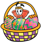 Clip Art Graphic of a Plumbing Toilet or Sink Plunger Cartoon Character in an Easter Basket Full of Decorated Easter Eggs