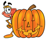 Clip Art Graphic of a Plumbing Toilet or Sink Plunger Cartoon Character With a Carved Halloween Pumpkin