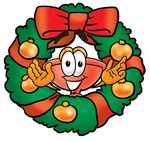 Clip Art Graphic of a Plumbing Toilet or Sink Plunger Cartoon Character in the Center of a Christmas Wreath