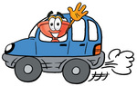 Clip Art Graphic of a Plumbing Toilet or Sink Plunger Cartoon Character Driving a Blue Car and Waving
