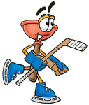 Clip Art Graphic of a Plumbing Toilet or Sink Plunger Cartoon Character Playing Ice Hockey