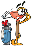 Clip Art Graphic of a Plumbing Toilet or Sink Plunger Cartoon Character Swinging His Golf Club While Golfing