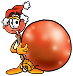 Clip Art Graphic of a Plumbing Toilet or Sink Plunger Cartoon Character Wearing a Santa Hat, Standing With a Christmas Bauble