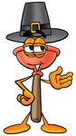 Clip Art Graphic of a Plumbing Toilet or Sink Plunger Cartoon Character Wearing a Pilgrim Hat on Thanksgiving