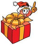 Clip Art Graphic of a Plumbing Toilet or Sink Plunger Cartoon Character Standing by a Christmas Present