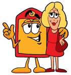 Clip Art Graphic of a Red and Yellow Sales Price Tag Cartoon Character Talking to a Pretty Blond Woman