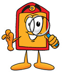 Clip Art Graphic of a Red and Yellow Sales Price Tag Cartoon Character Looking Through a Magnifying Glass