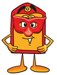 Clip Art Graphic of a Red and Yellow Sales Price Tag Cartoon Character Wearing a Red Mask Over His Face
