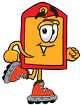 Clip Art Graphic of a Red and Yellow Sales Price Tag Cartoon Character Roller Blading on Inline Skates