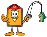 Clip Art Graphic of a Red and Yellow Sales Price Tag Cartoon Character Holding a Fish on a Fishing Pole