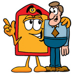Clip Art Graphic of a Red and Yellow Sales Price Tag Cartoon Character Talking to a Business Man