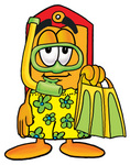Clip Art Graphic of a Red and Yellow Sales Price Tag Cartoon Character in Green and Yellow Snorkel Gear