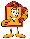 Clip Art Graphic of a Red and Yellow Sales Price Tag Cartoon Character Holding a Telephone