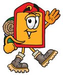 Clip Art Graphic of a Red and Yellow Sales Price Tag Cartoon Character Hiking and Carrying a Backpack