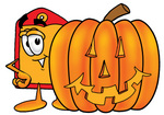 Clip Art Graphic of a Red and Yellow Sales Price Tag Cartoon Character With a Carved Halloween Pumpkin