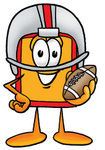 Clip Art Graphic of a Red and Yellow Sales Price Tag Cartoon Character in a Helmet, Holding a Football