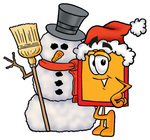 Clip Art Graphic of a Red and Yellow Sales Price Tag Cartoon Character With a Snowman on Christmas