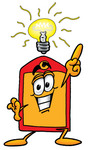 Clip Art Graphic of a Red and Yellow Sales Price Tag Cartoon Character With a Bright Idea