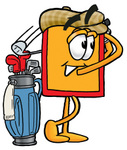 Clip Art Graphic of a Red and Yellow Sales Price Tag Cartoon Character Swinging His Golf Club While Golfing