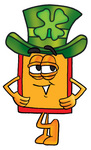 Clip Art Graphic of a Red and Yellow Sales Price Tag Cartoon Character Wearing a Saint Patricks Day Hat With a Clover on it