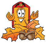Clip Art Graphic of a Red and Yellow Sales Price Tag Cartoon Character With Autumn Leaves and Acorns in the Fall