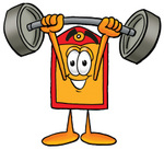 Clip Art Graphic of a Red and Yellow Sales Price Tag Cartoon Character Holding a Heavy Barbell Above His Head