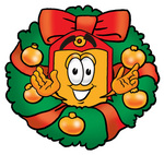 Clip Art Graphic of a Red and Yellow Sales Price Tag Cartoon Character in the Center of a Christmas Wreath