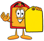 Clip Art Graphic of a Red and Yellow Sales Price Tag Cartoon Character Holding a Yellow Sales Price Tag