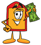 Clip Art Graphic of a Red and Yellow Sales Price Tag Cartoon Character on a Dollar Bill