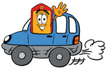Clip Art Graphic of a Red and Yellow Sales Price Tag Cartoon Character Driving a Blue Car and Waving