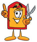 Clip Art Graphic of a Red and Yellow Sales Price Tag Cartoon Character Holding a Pair of Scissors