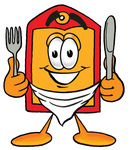 Clip Art Graphic of a Red and Yellow Sales Price Tag Cartoon Character Holding a Knife and Fork