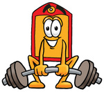 Clip Art Graphic of a Red and Yellow Sales Price Tag Cartoon Character Lifting a Heavy Barbell