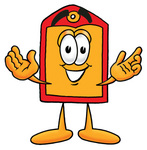 Clip Art Graphic of a Red and Yellow Sales Price Tag Cartoon Character With Welcoming Open Arms