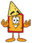 Clip Art Graphic of a Red and Yellow Sales Price Tag Cartoon Character Wearing a Birthday Party Hat