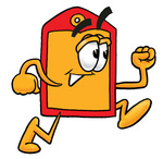 Clip Art Graphic of a Red and Yellow Sales Price Tag Cartoon Character Running