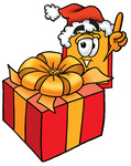 Clip Art Graphic of a Red and Yellow Sales Price Tag Cartoon Character Standing by a Christmas Present