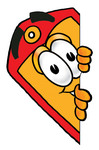 Clip Art Graphic of a Red and Yellow Sales Price Tag Cartoon Character Peeking Around a Corner