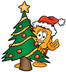 Clip Art Graphic of a Red and Yellow Sales Price Tag Cartoon Character Waving and Standing by a Decorated Christmas Tree