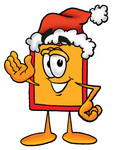Clip Art Graphic of a Red and Yellow Sales Price Tag Cartoon Character Wearing a Santa Hat and Waving