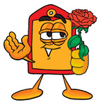 Clip Art Graphic of a Red and Yellow Sales Price Tag Cartoon Character Holding a Red Rose on Valentines Day