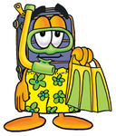 Clip Art Graphic of a Suitcase Luggage Cartoon Character in Green and Yellow Snorkel Gear