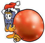 Clip Art Graphic of a Suitcase Luggage Cartoon Character Wearing a Santa Hat, Standing With a Christmas Bauble